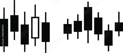 Black and white Japanese candlestick chart patterns on white background stock market trading
