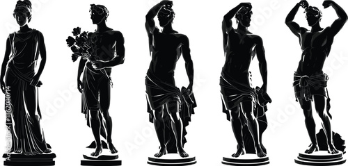 Classical Greek sculpture silhouettes vector set showing antique statues in elegant poses, black mythology art illustration collection for design projects