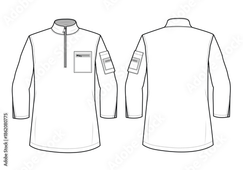 Turtleneck half zip scrub long t shirt technical flat design vector mockup template.