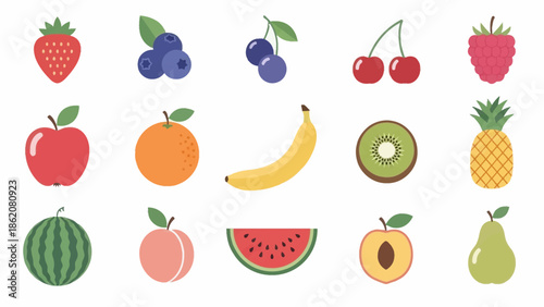Assorted Colorful Fruits Icons Set Illustration.