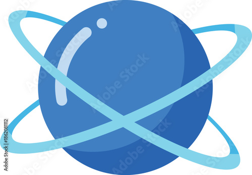 Blue sphere with orbiting light blue rings and a white dot orbiting rings abstract