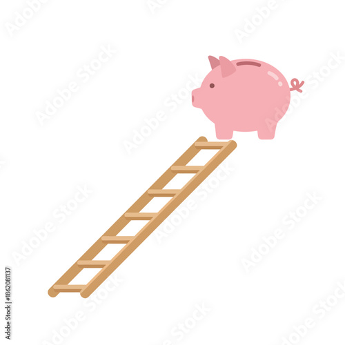Pink Piggy Bank Climbing Ladder Saving Money.