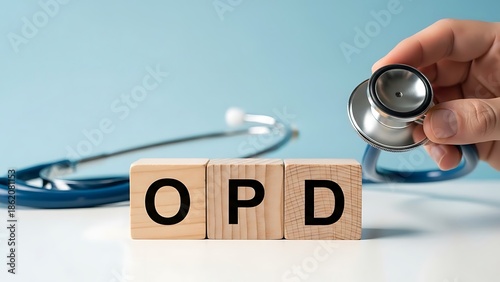 Outpatient department concept with opd wooden blocks and medical stethoscope in a healthcare setting