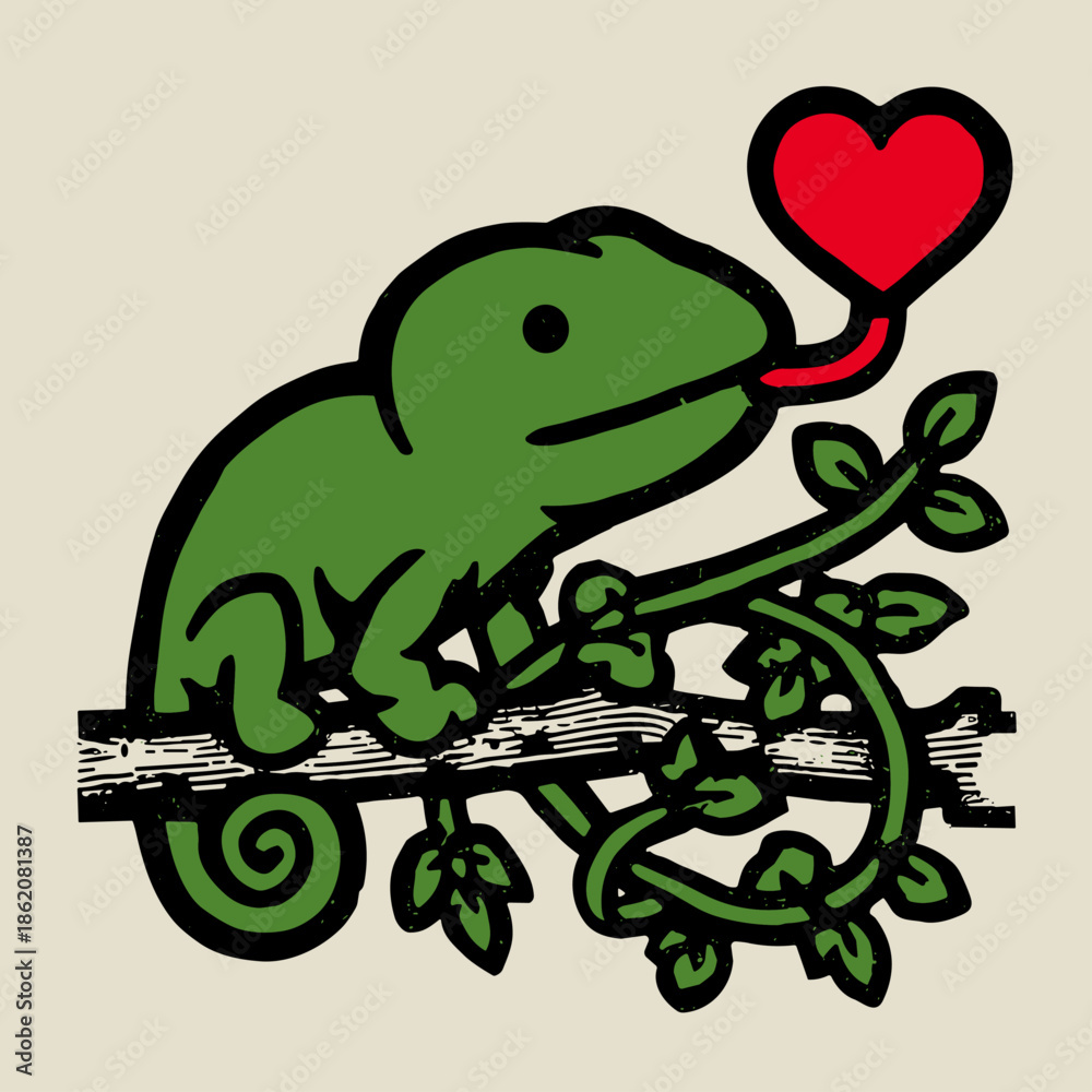 Fototapeta premium Charming Chameleon with Heart on a Branch