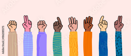 Set of colorful hands with different gestures and sign vector illustration. Community, communication, friendship symbol elements.