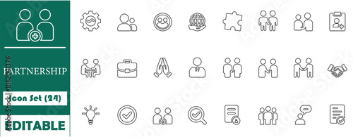 Set of 24 partnership and business alliance icons. Professional editable symbols for handshakes, global cooperation, team trust, meeting agreements, and corporate deal making.