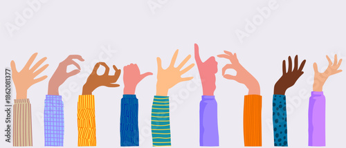 Set of colorful hands with different gestures and sign vector illustration. Community, communication, friendship symbol elements.