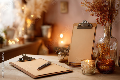 Cozy workspace with clipboard, pen, and candles on wooden desk