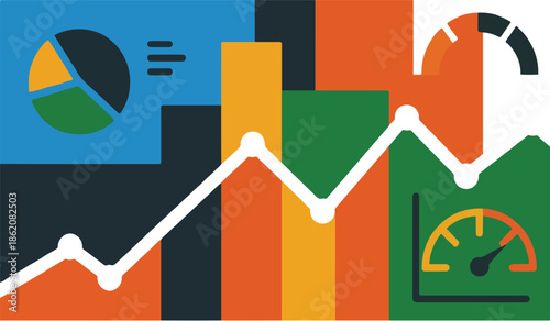 Abstract representation of data analysis with charts graphs and gauges showcasing business insights and performance metrics in a modern style
