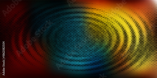 Abstract digital background featuring a smooth multicolor gradient with a halftone dot pattern. The composition blends warm yellow and orange tones with cool blue and red hues,