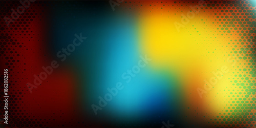 Abstract digital background featuring a smooth multicolor gradient with a halftone dot pattern. The composition blends warm yellow and orange tones with cool blue and red hues,