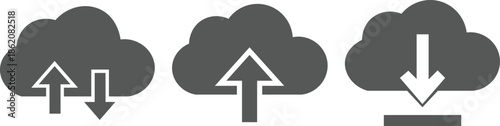 Three gray cloud with white arrows indicating upload and download actions data transfer