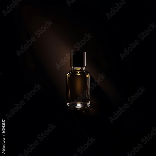 A dark, moody studio shot of a small, clear glass perfume bottle with a black cap, illuminated by a single shaft of light against a black background.