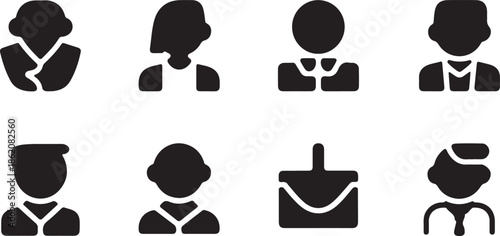 A collection of simple black silhouette icons depicting diverse people including professionals genders and a briefcase symbol high quality