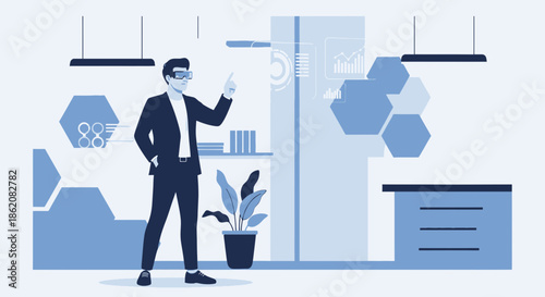 Businessman using virtual reality interface for data analysis in a modern office setting with