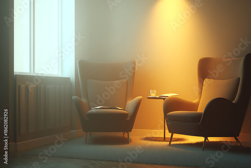Cozy living room with two comfortable chairs and warm lighting