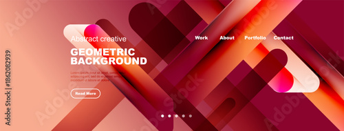 Abstract geometric background design. Red, pink gradients create modern website header or banner. Includes navigation options, text areas.