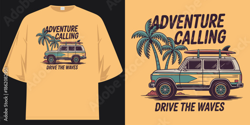 adventure calling drive the waves vintage car surf beach summer vacation graphic t shirt design vector illustration artwork
