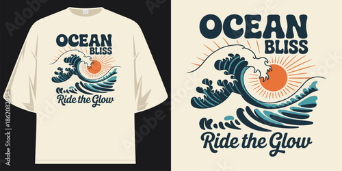 ocean bliss ride the glow beach surfing retro vintage sun wave ocean graphic t shirt design vector illustration artwork
