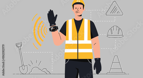 Construction worker using wearable technology for enhanced safety and communication at work site