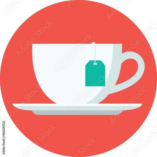 White teacup and saucer with teal tea bag on coral background