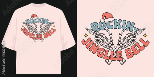 rockin jingle bell christmas skeleton hands retro graphic holiday season gift idea t shirt design vector illustration artwork
