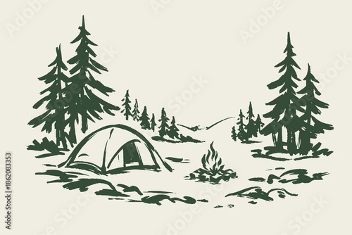 Camping tent and campfire pine forest ink sketch vector illustration