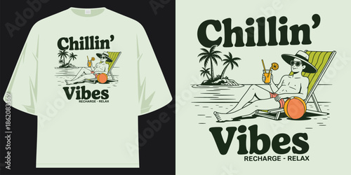 chillin vibes summer beach vacation art retro graphic relax recharge repeat t shirt design vector illustration artwork
