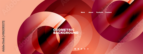 Abstract design features flowing shapes, warm colors, text overlay. Navigation menu present, dots indicate slides. Modern, dynamic composition.