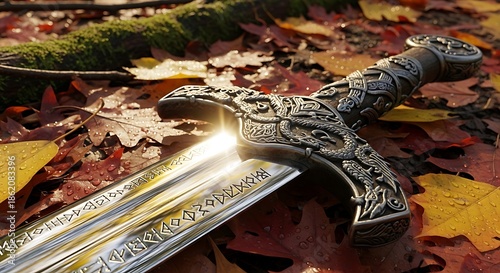 Ancient ornate sword resting on autumn leaves in forest sunlight.
