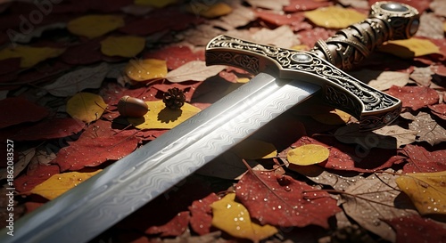 Ancient Sword Rests on a Bed of Autumn Leaves.