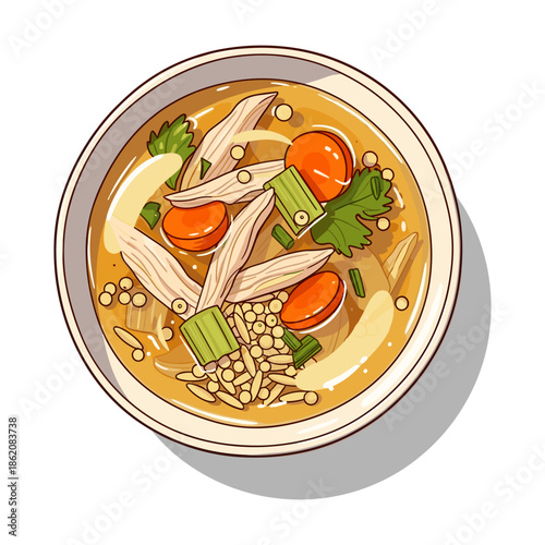 Hand-drawn style chicken soup with carrots, celery, and pasta illustration