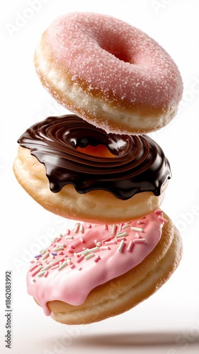 Three adorable donuts suspended in midair create a whimsical sight. The pink, chocolate, and sprinkle-covered treats showcase their charming designs in a playful display