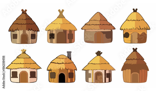 Cute cartoon huts village houses flat vector illustration collection