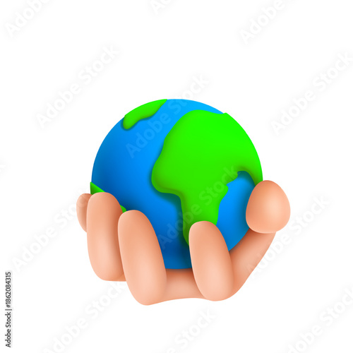 3d hand holding small earth globe on white background 