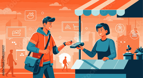 Digital urban commerce concept with contactless payment and trendy illustration style design