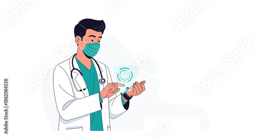 Doctor using smartwatch during pandemic, illustrating modern healthcare technology innovation and