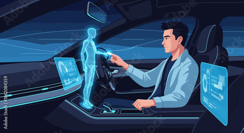 Driver interacting with holographic assistant in a futuristic vehicle interface system