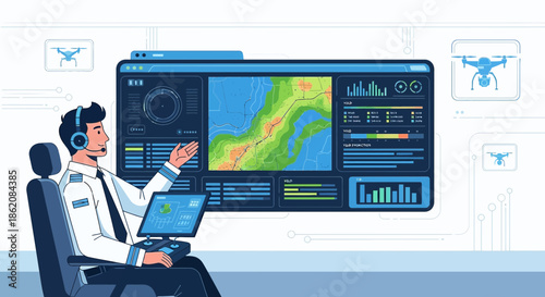 Drone operator managing flight path with data analysis and advanced interface systems displayed on