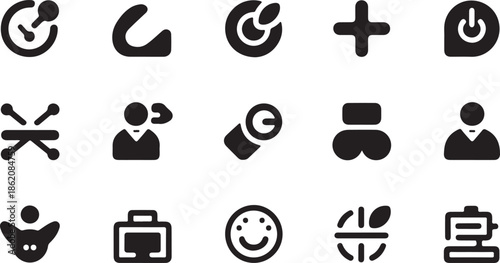 Collection of various black silhouette icons representing diverse digital functions