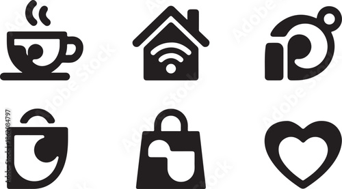 Minimalist black icons depicting coffee house identity and security symbols