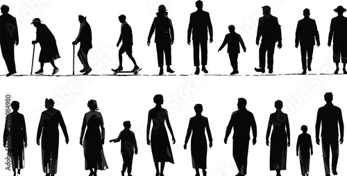 Human life stages silhouettes vector set showing aging process from child to senior, walking people evolution black illustration collection