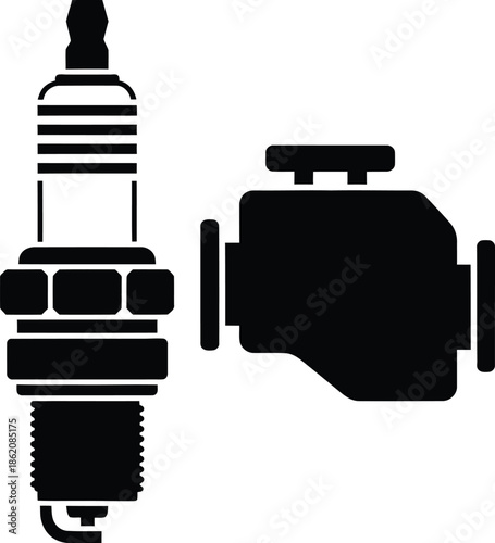 Black silhouette vector icons of a spark plug and car engine block symbol set for automotive repair maintenance and vehicle parts illustration.