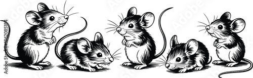 Cute mouse illustration vector set showing hand drawn cartoon rodents in playful poses, black and white animal character collection
