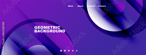 Abstract purple design features flowing shapes, text elements, navigation menu. Modern aesthetic suitable for website header or banner.