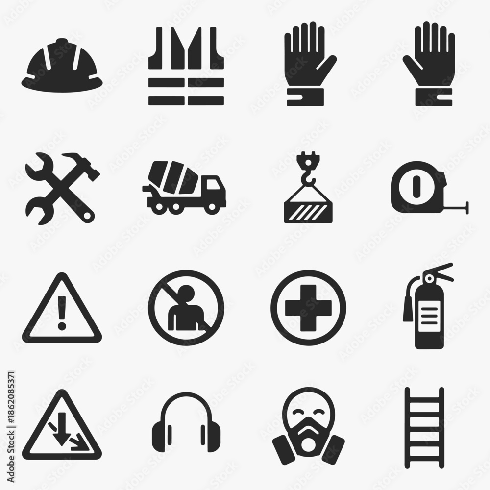 Fototapeta premium Flat icons for construction, building, and work safety focus on simplicity, elegance, and ease of recognition.