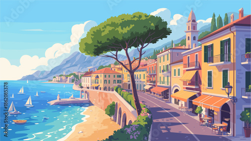 Stylized illustration of a sunlit Mediterranean town with colorful Italian buildings, waterfront, boats, and outdoor cafes in retro poster style.