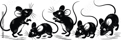 Cute mouse silhouettes vector set showing playful rodents in different poses, black cartoon animal illustration collection for kids design