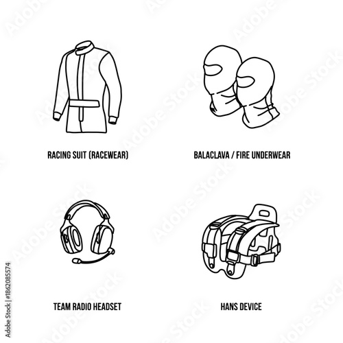 Racing Gear Essentials - Suit, Balaclava, Headset, and HANS Device Line Art.