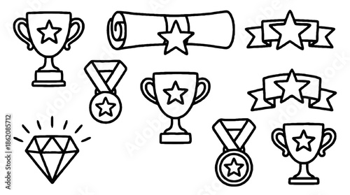 Black and White Outline Icons of Trophies and Awards
